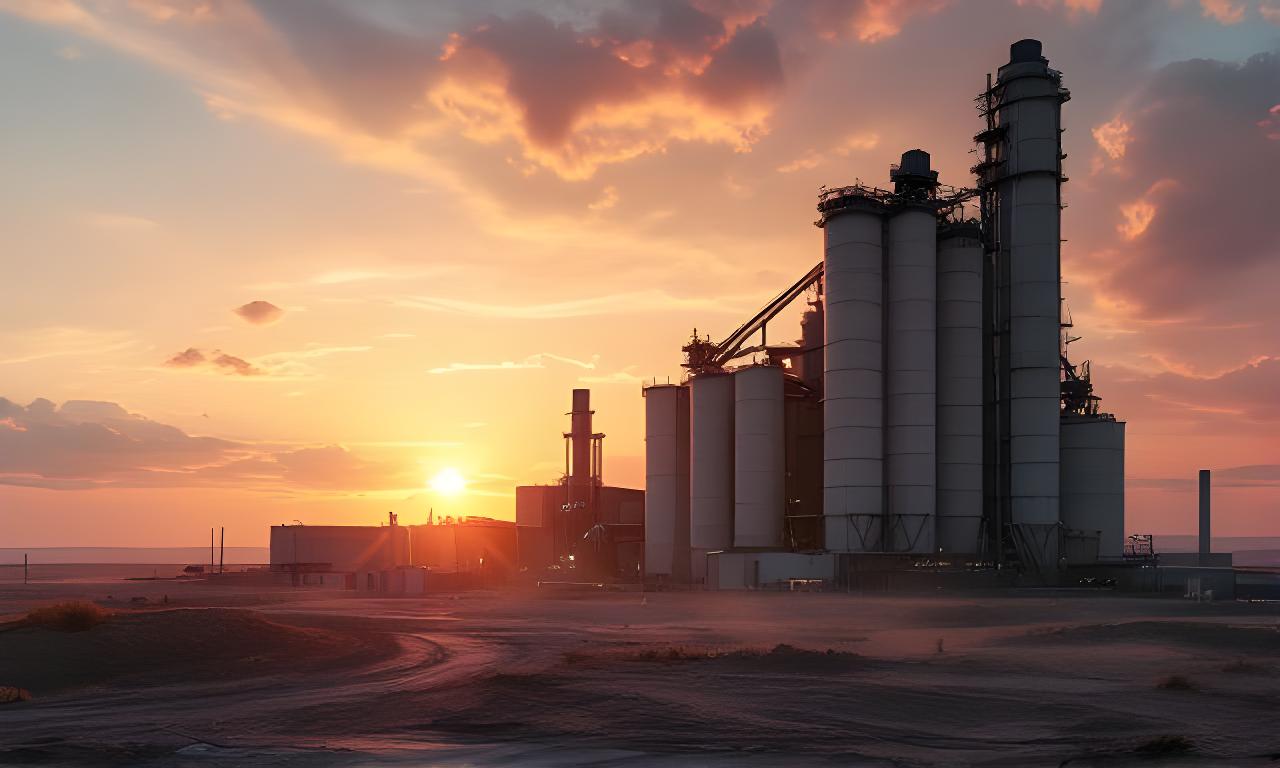 Planta cementera en el sur bonaerense con silos, estructuras industriales y cielo amplio al atardecer