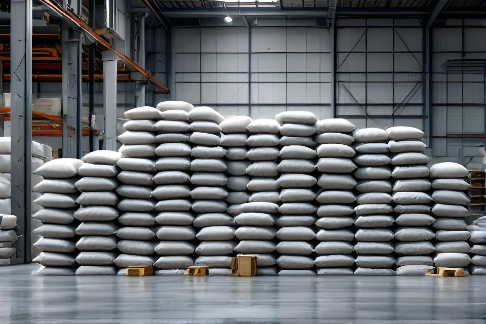 Cemento Portland Compuesto apilado en un galpón industrial con luz natural y bolsas listas para despacho