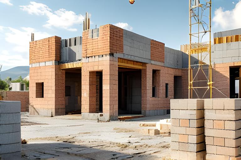 Vivienda en construcción en Pedro Luro con mampostería y materiales apilados junto a la obra