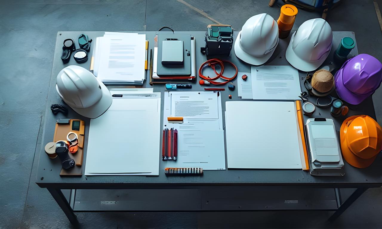 Vista de archivos, cascos y material de obra ordenados sobre una mesa de acero en un entorno industrial moderno