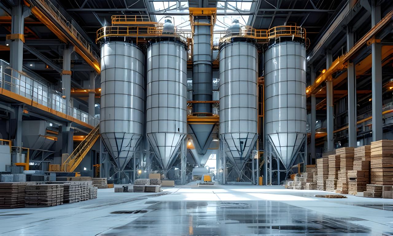 Silos y descarga de cemento en una planta industrial luminosa con bolsas y materiales de construcción ordenados